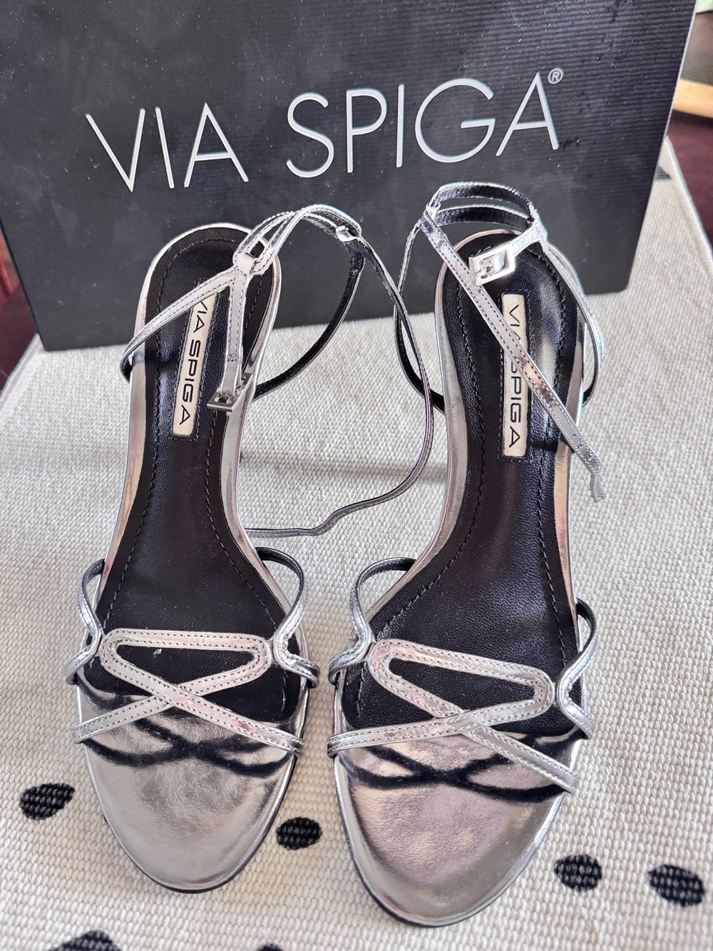Via Spiga Silver Metallic Strappy Heels